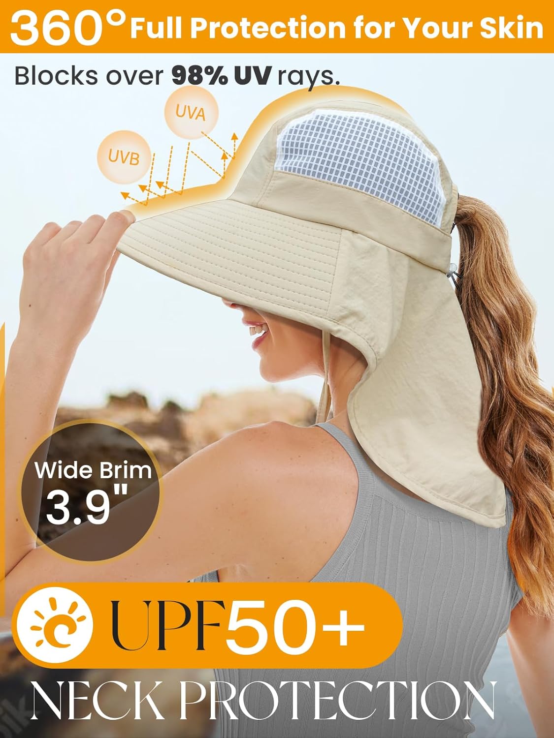 Sun Hats for Women UV Protection with Neck Flap Wide Brim Beach Hats with Ponytail Hole for Hiking Fishing Gardening Travel - Image 2