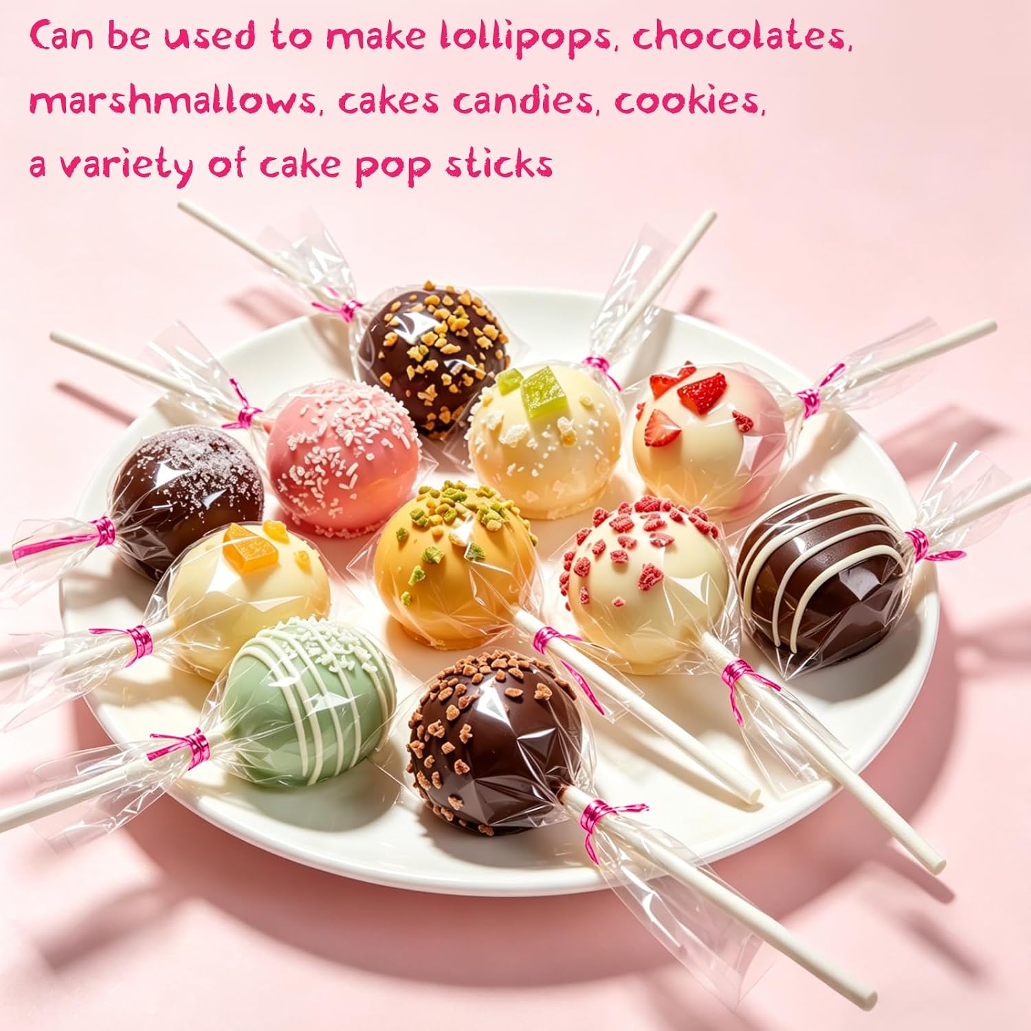Basquei Cake Pop Sticks 6 Inches, Cake Pop Bags (3.9"X4.7"), Pink Metallic Twist Ties, 300 Pcs Cake Pop Kit Used for, Lollipops Cake, Candies, Chocolates Making Tools
