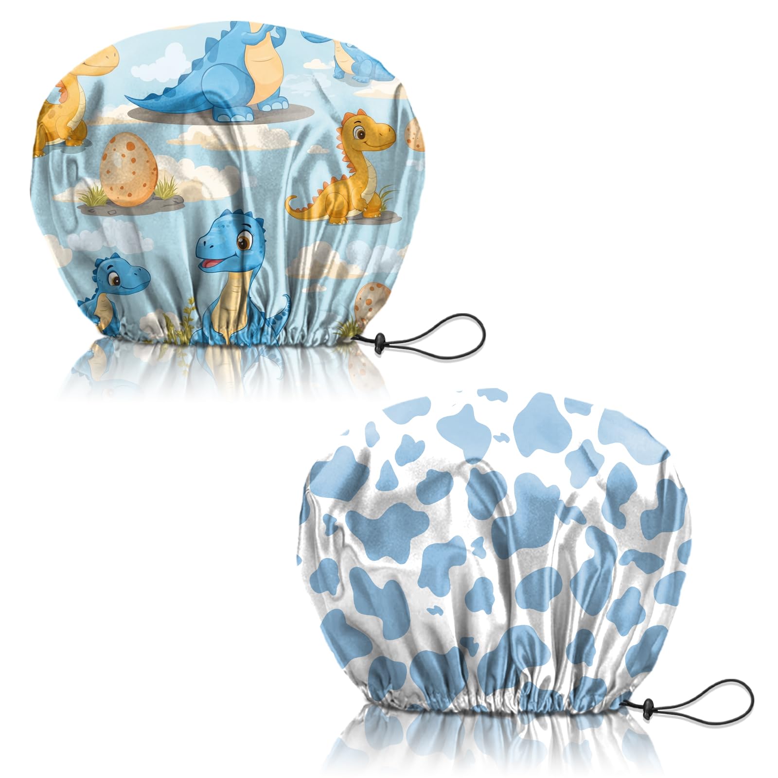 Deokke Duschhaube, 2 Stück wasserdichte Doppelschicht wiederverwendbar shower cap, verstellbar, elastisch, ästhetisch, niedlich Duschhaube für Damen (Q14-Inosaurier-Blau)