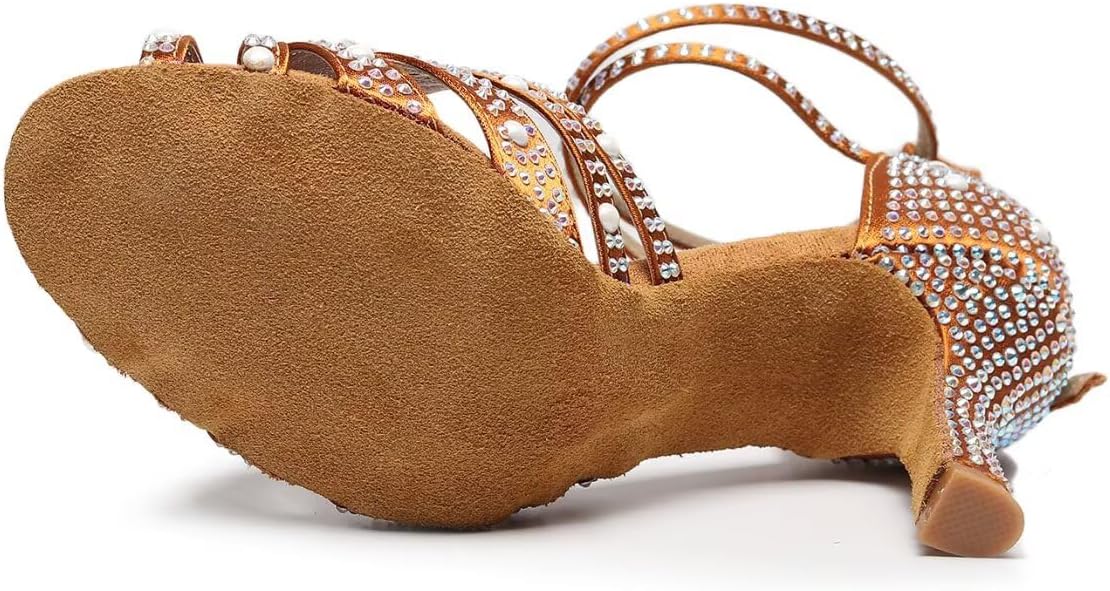 Women's Rhinestone Latin Dance Shoes - Comfortable Satin Salsa Bachata Heels for Wedding Party Performance & Practice (3'' Heel) - Image 5