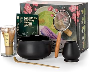 Nucookery Matcha Whisk Set - 5 Pcs Matcha Set with 18oz Ceramic Matcha Bowl Chawan with Spout, Bamboo Whisk & Holder, Scoop and Sifter | Complete Matcha Kit for Japanese Tea Ceremony Black