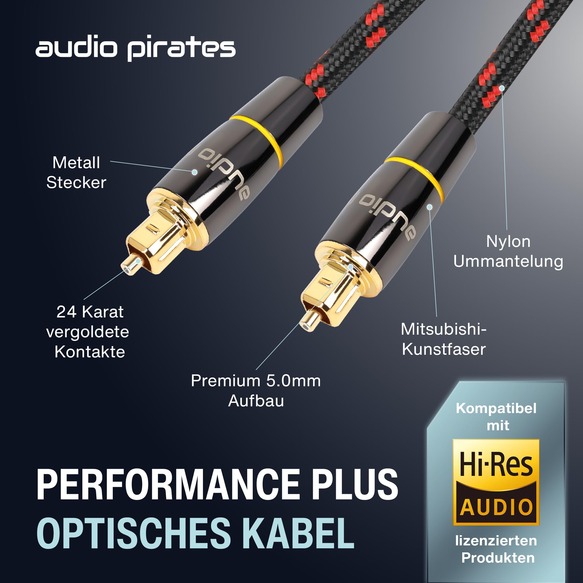 audio pirates optisches TOSLINK Glasfaserkabel, Toslink & Digital-Kabel | Digitales SPDIF-Kabel OD: 5.0mm mit Ummantelung & vergoldeten Kontakten (1er Pack – 2 Meter)