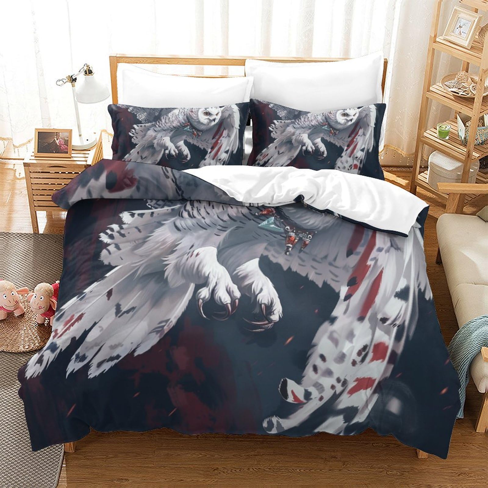 Housse de couette chouette blanche 3D microfibre 260x220 cm avec taies