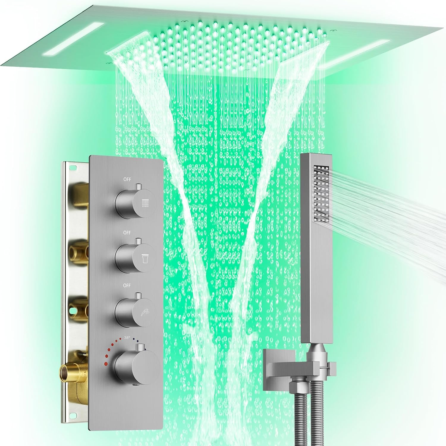 Rainfall & Waterfall LED Shower System: Aposhion 23*15" 64 Color LED Dual Function Shower Head with Handheld Sprayer, Bathroom Ceiling Mount Thermostatic Shower Faucet Set with Valve, Brushed Nickel