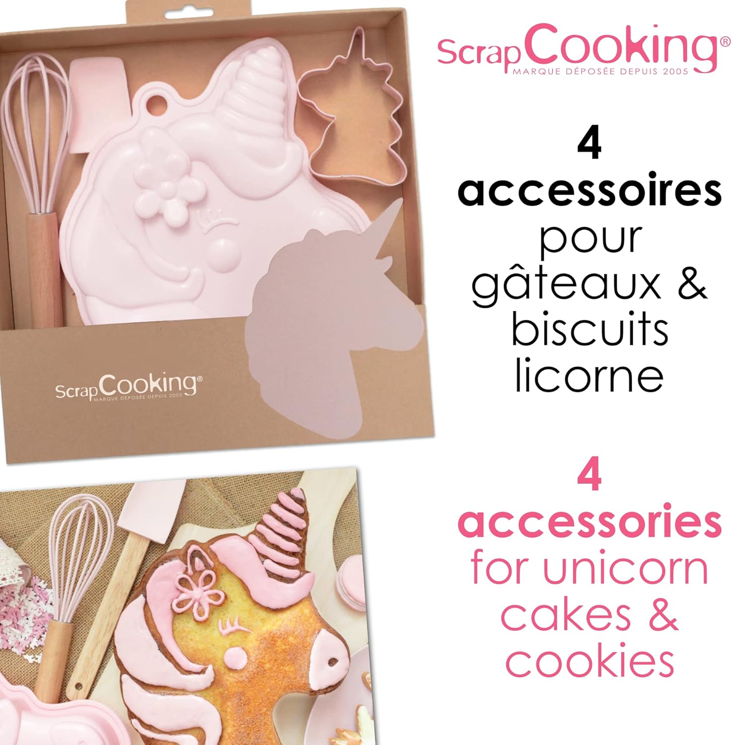 1135 Unicorn Pastry Set for Children - Gift Set 4 Utensils: Whisk, Spoon, Mould & Cutter - Wood, Silicone & Stainless Steel