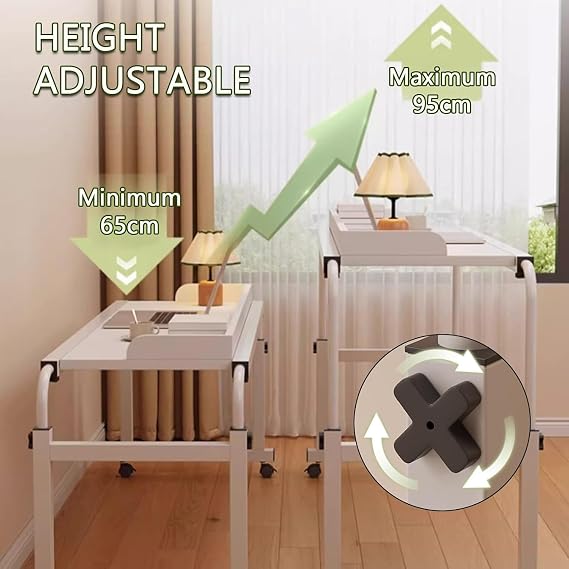 Height Adjustable Overbed Table with Wheels, Mobile Over Bed Desk with Adjustable Tilt Stand, Mobile Laptop Cart Computer Desk (White)
