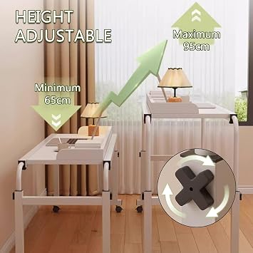 Height Adjustable Overbed Table with Wheels, Mobile Over Bed Desk with Adjustable Tilt Stand, Mobile Laptop Cart Computer Desk (White)