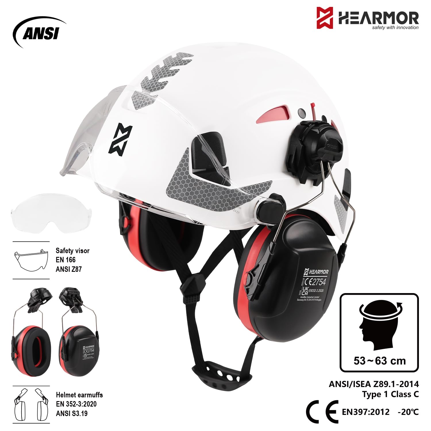 HEARMOR 3-in-1 Schutzhelm mit Gehörschutz und Visier, EN 397 zertifizierter Arbeitshelm für Forst-, BAU- und Kletterarbeiten, inklusive tragbarer Tasche und kühlender Helmeinlage