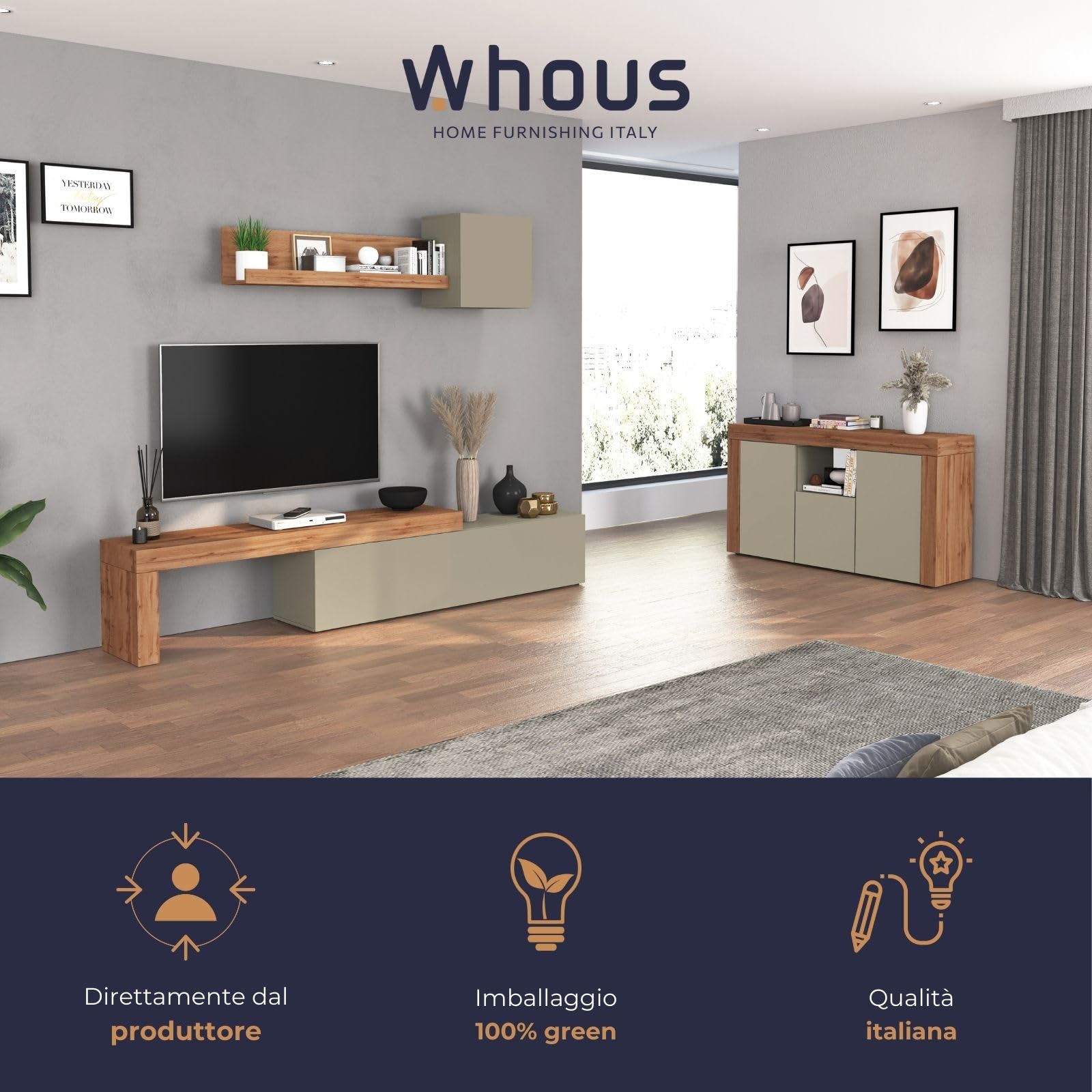 WHOUS Mobile Porta TV CHRONOS per Soggiorno con 1 Anta a Ribalta, Mobile Tv Regolabile per Salotto in Legno, 190/350x40x51 cm, Tortora Opaco e Rovere