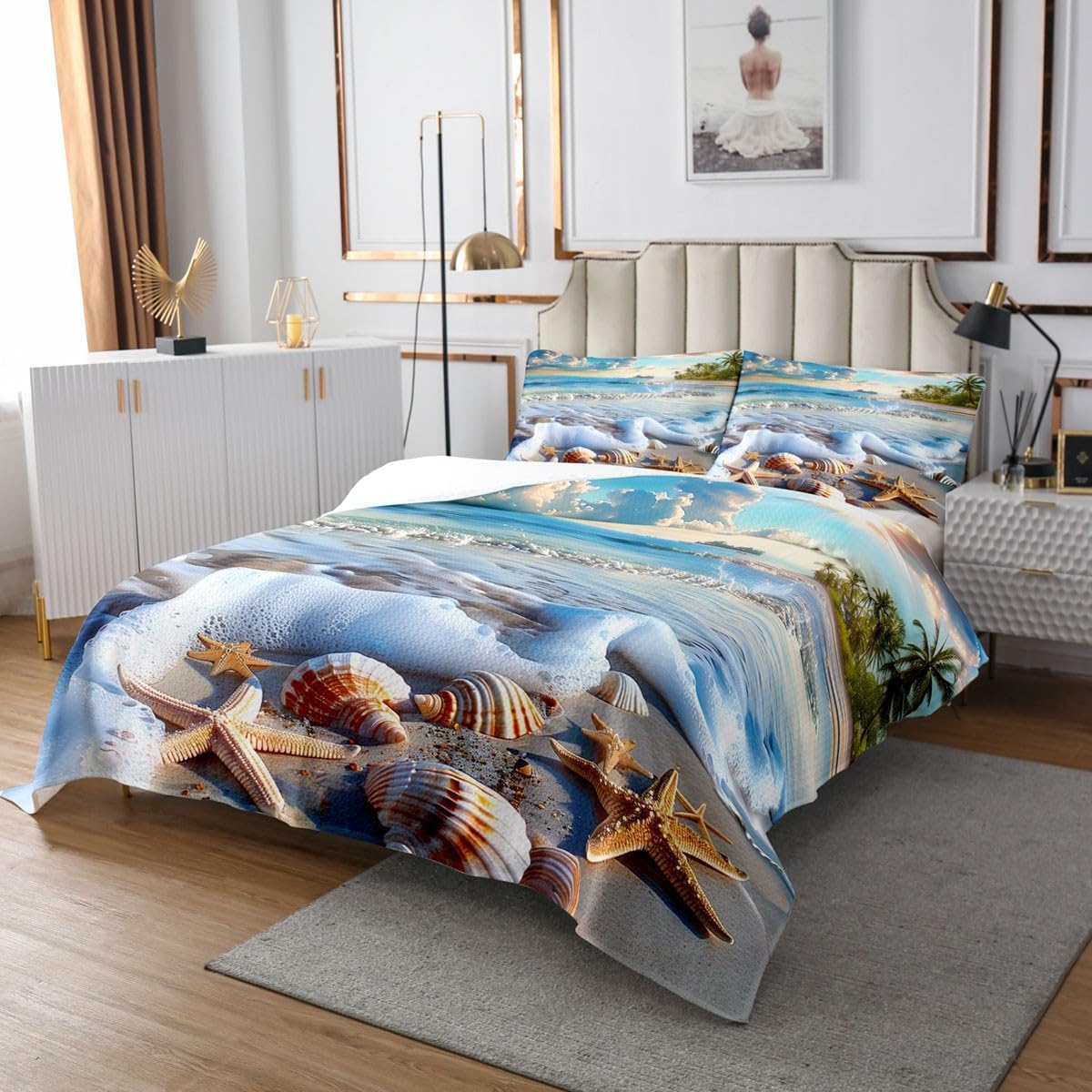 Erosebridal Beach Ocean Coverlet Set Queen Size Sea Wave Starfish Shell Bedspread Set Sunrise Sunset View Scene Bed Sets Hawaii Seashore Summer Coastal Seaside Seascape Bedspread Sets