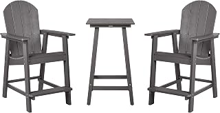 Outdoor Synthetic Material and Stainless Steel Garden Bistro Set Table and Chairs for 2 People Dark Grey, ADIRONDACK