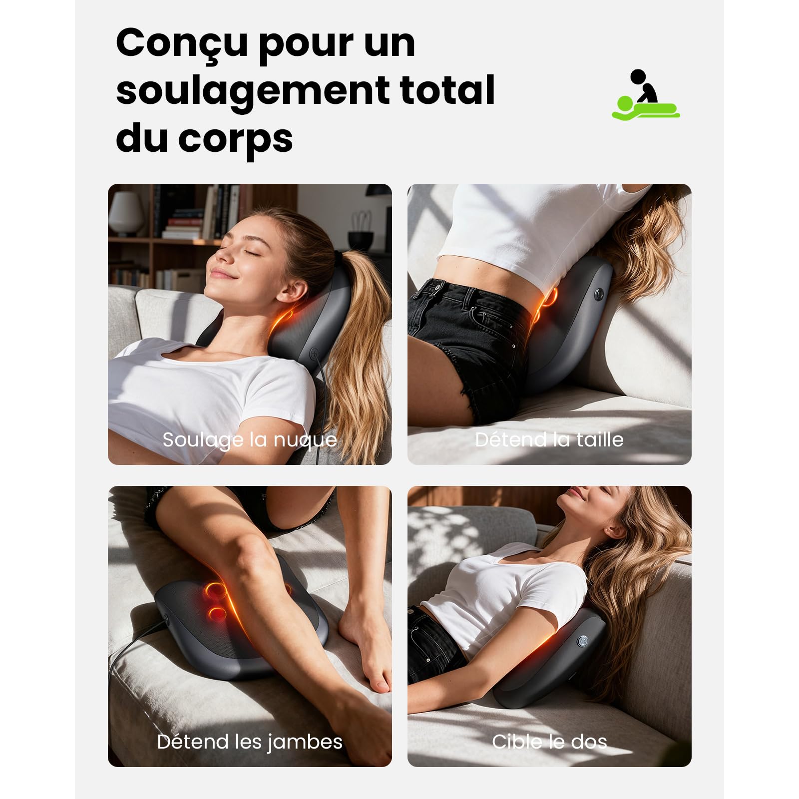 BOB AND BRAD Masseur Dos et Cervicales avec Fonction Chauffante, Masseur Cervical Électrique, 3 Intensités et Télécommande, Coussin Chauffant pour Épaules Lombaires, Détente Maison Bureau