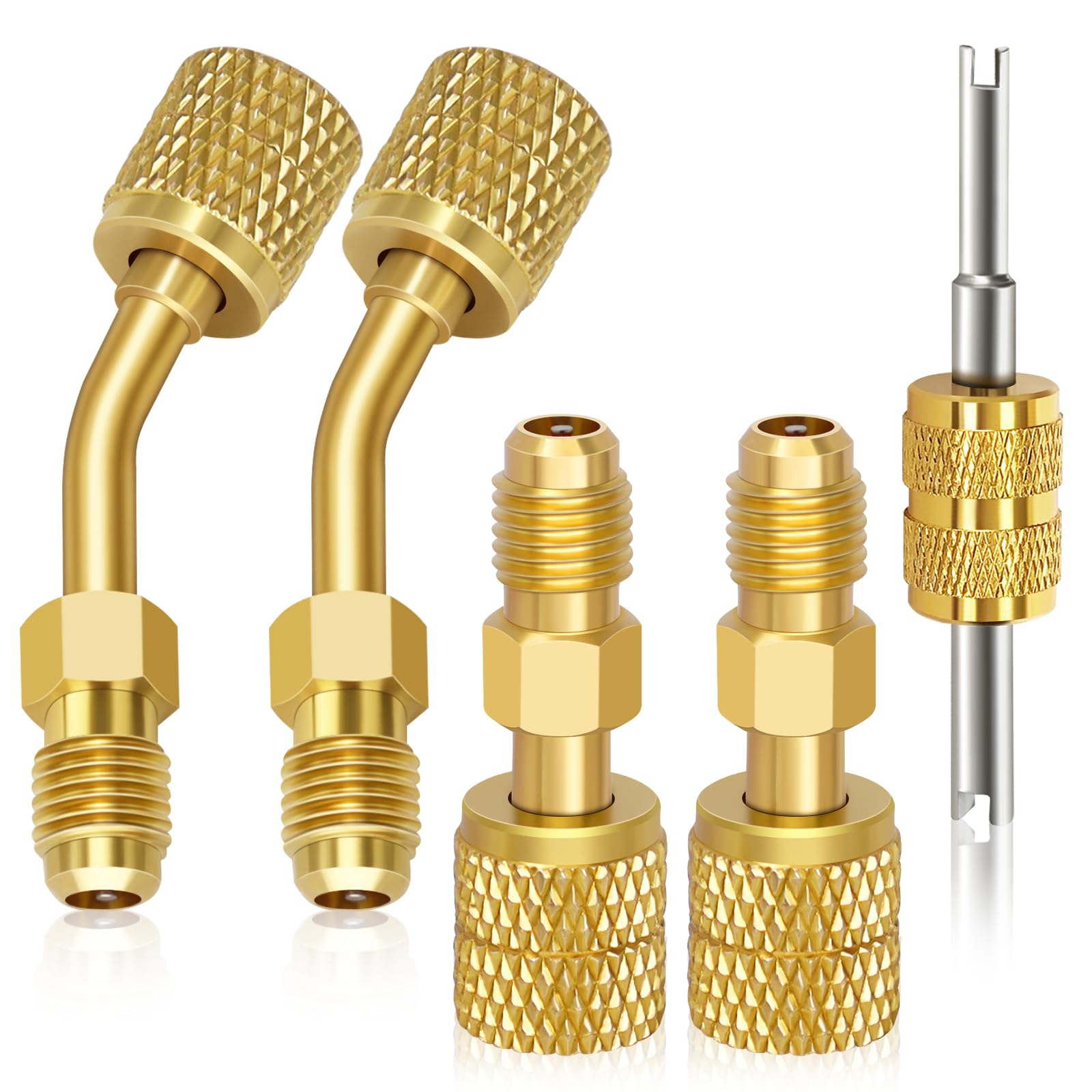 FANOVO Mini Split Adapter, R410a Adapter Straight & Angled Charging Vacuum Port Adapter, 5/16'' Female to 1/4''SAE Male R410 Fitting with Valve Core Tool, for Air Conditioner Refrigeration Service