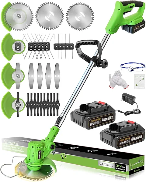 Akenuoke Electric Weed Wacker Cordless: 21V Weed Eaters Battery Powered with 2 Batteries & Charger, Stringless Metal Blade Weed Trimmer 3 in 1 Grass Trimmer/Edger/Brush Cutter for Lawn Yard Garden