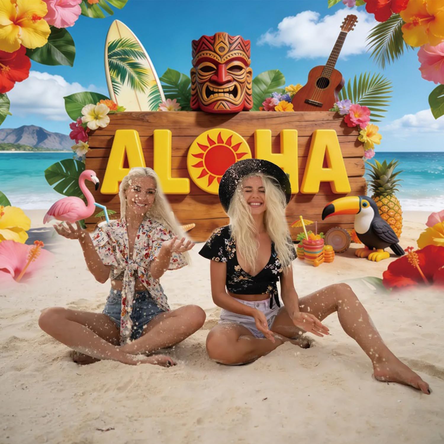 10x10ft Hawaiian Aloha Backdrop Tropical Beach Photo Backdrop Tiki Mask Flowers Summer Backdrops for Photography for Luau Party Tropical Wedding Birthday Decorations Photo Booth Props