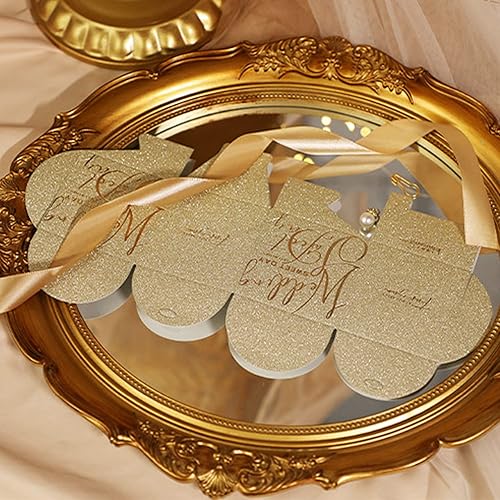 Miniatura 3 de STARSUP - 50 cajas de regalo de boda, caja de regalo de dulces dorados, caja de papel con cinta y pin de perlas para decoración de boda, regalo