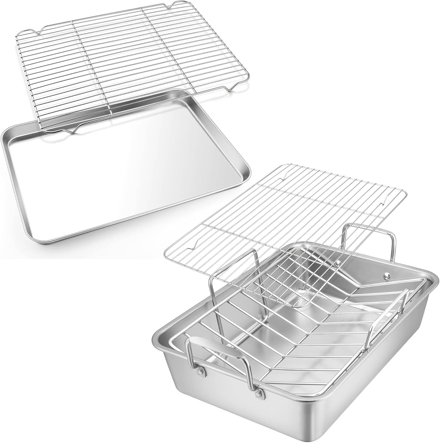 E-far Roasting Pan and Cookie Sheet with Rack Set, Stainless steel Turkey Roaster with Rack and Baking Pan, Deep Broiling Pan & V-shaped Rack, Rimmed Tray with Wire Rack, Non-toxic & Dishwasher Safe