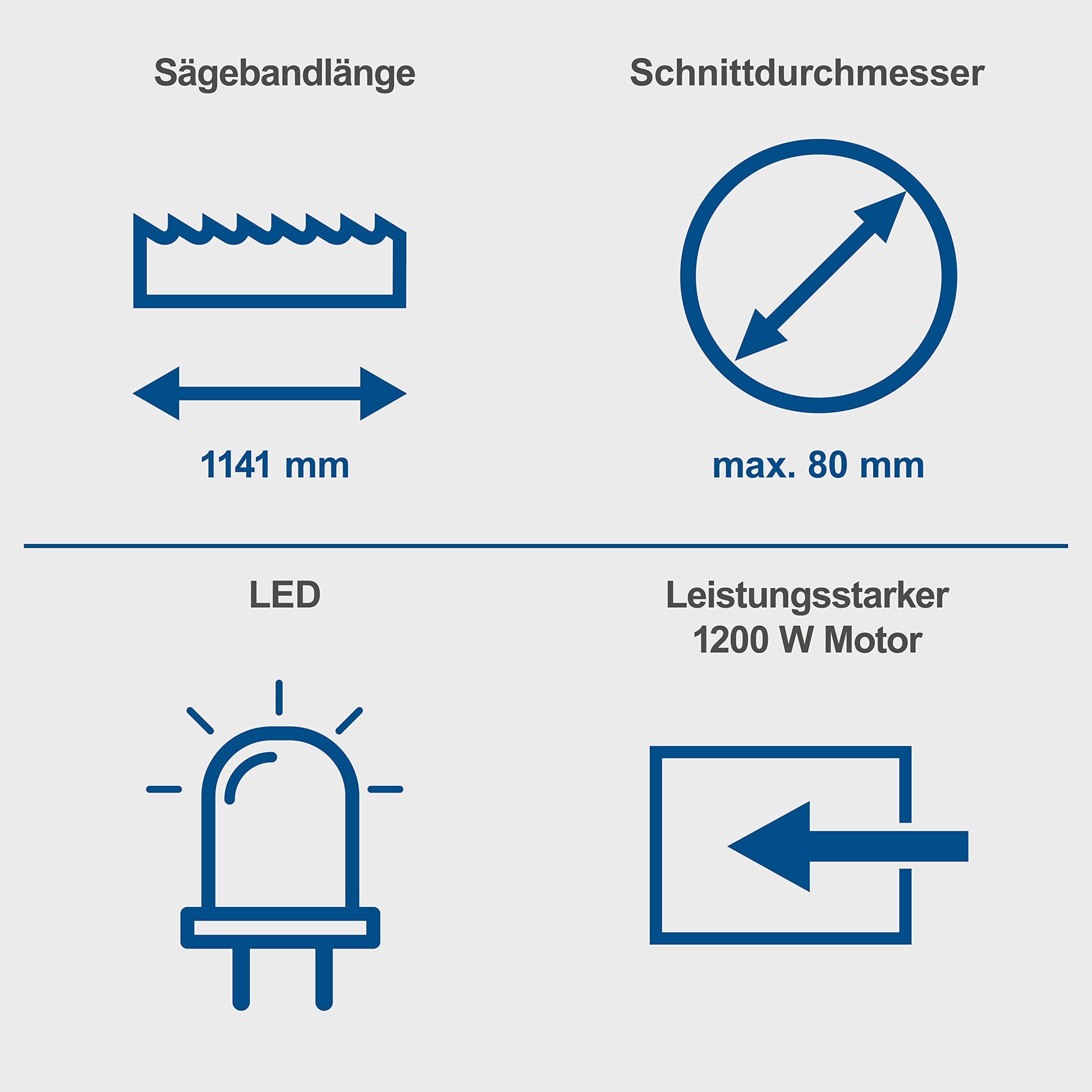 Scheppach Metallbandsäge MBS1200 Metallsäge Bandsäge inkl. Sägeband | 1100W Leistung | Schnitthöhe bis 127mm & Rohrschnitt bis Ø80mm | abnehmbarer Arbeitstisch | LED-Licht | Vario-Speed 0,7-2,4 m/s