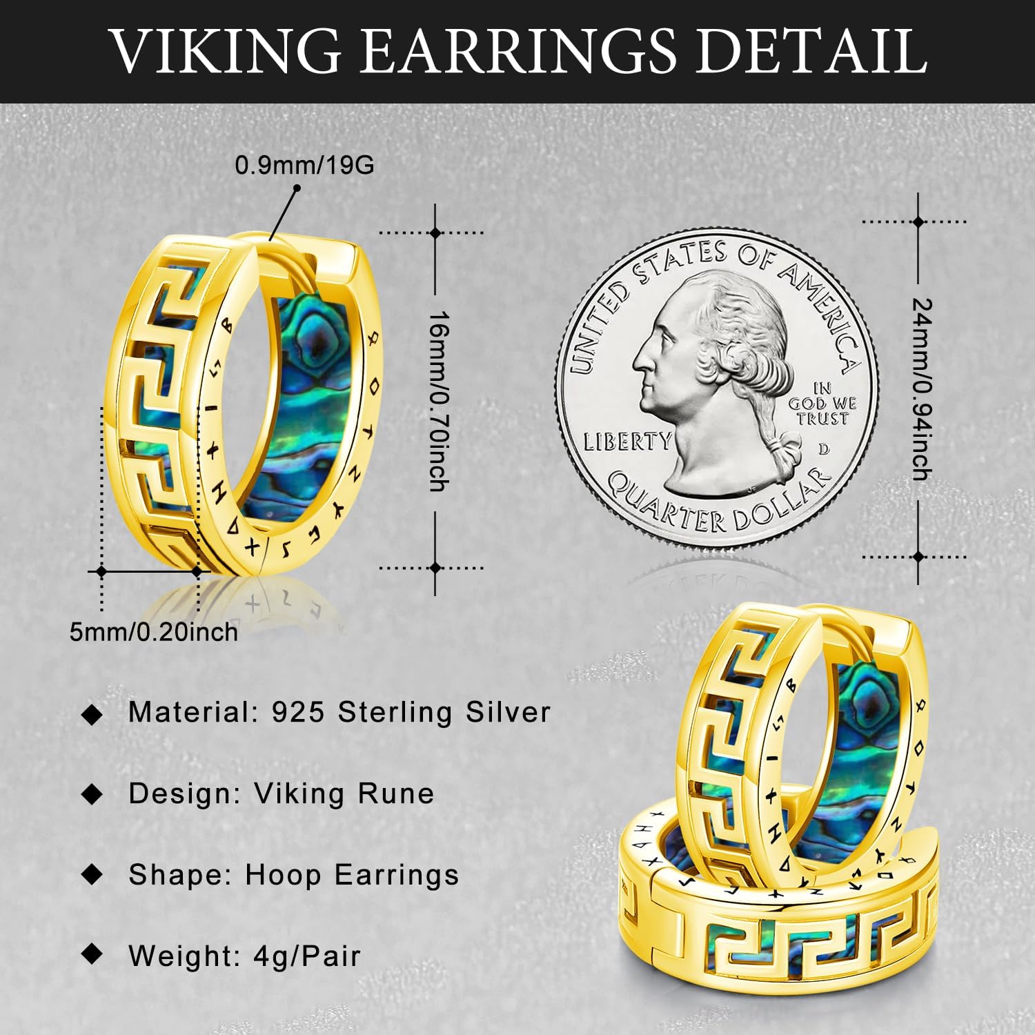 Men Earrings Viking Rune Hoop Celtic Earring for Women Punk 16mm 925 Sterling Silver Huggie Black Blue Hoop Earrings Norse Viking Jewelry Gifts Stainless Steel