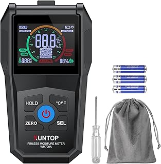 XUNTOP Pinless Wood Moisture Meter - 4 IN 1 Upgraded Inductive Pinless Moisture Meter for Wood, Pinless-Type Digital Moisture Detector Non-Destructive Moisture Detection in Drywall, Firewood, and Masonry