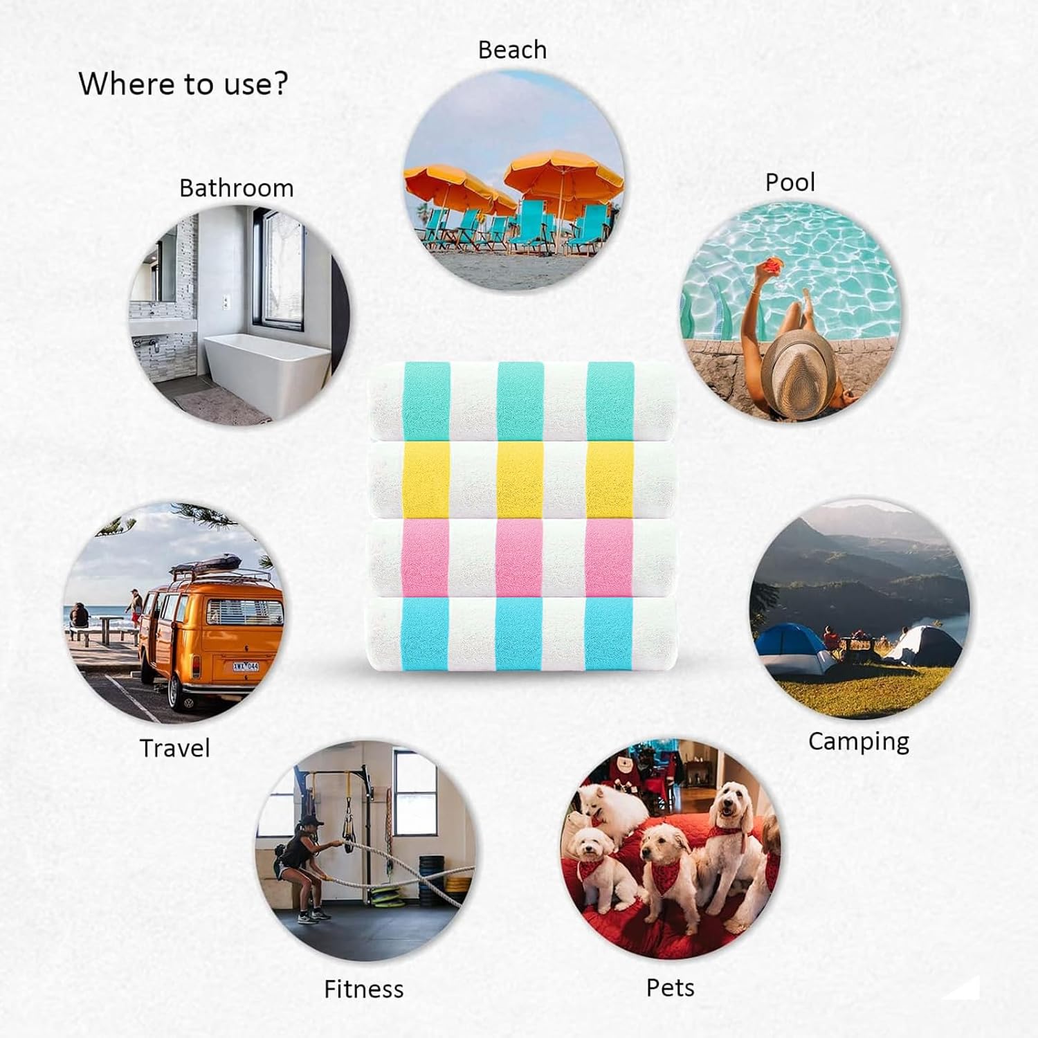 CASA COPENHAGEN Cabana Beach Towel Designed in Denmark Rough and Tough, Quick Dry, Beach, Pool, Bath & Shower 30x60 inches 4 Pieces Cotton Beach Bath Towels Set - Teal, Lemon, Pink, Water Blue