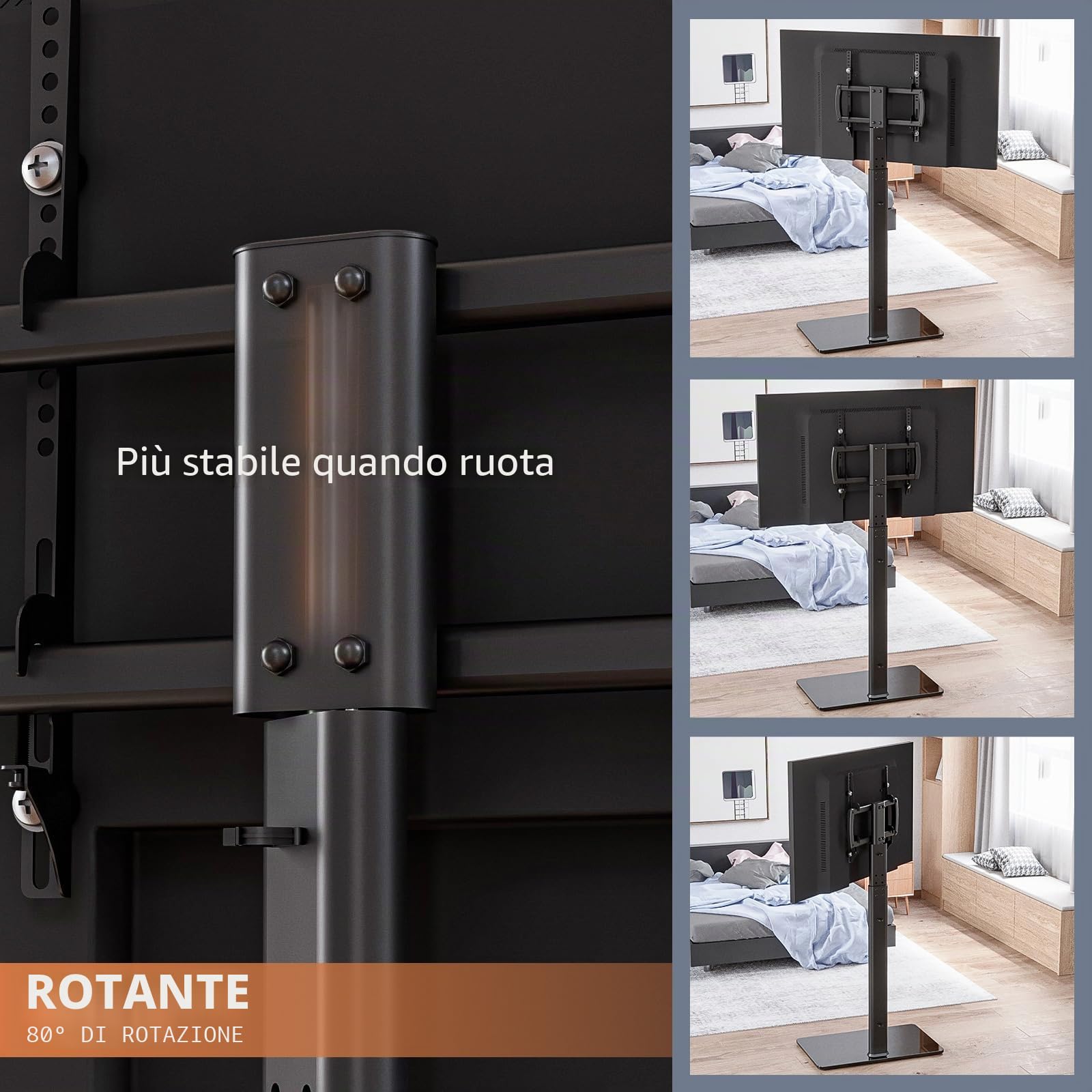 Supporto per TV universale, da pavimento, girevole a 80 gradi, regolabile in altezza e salvaspazio, adatto per televisori LCD, LED e OLED da 27-65", perfetto per angoli e camere da letto HT1002B