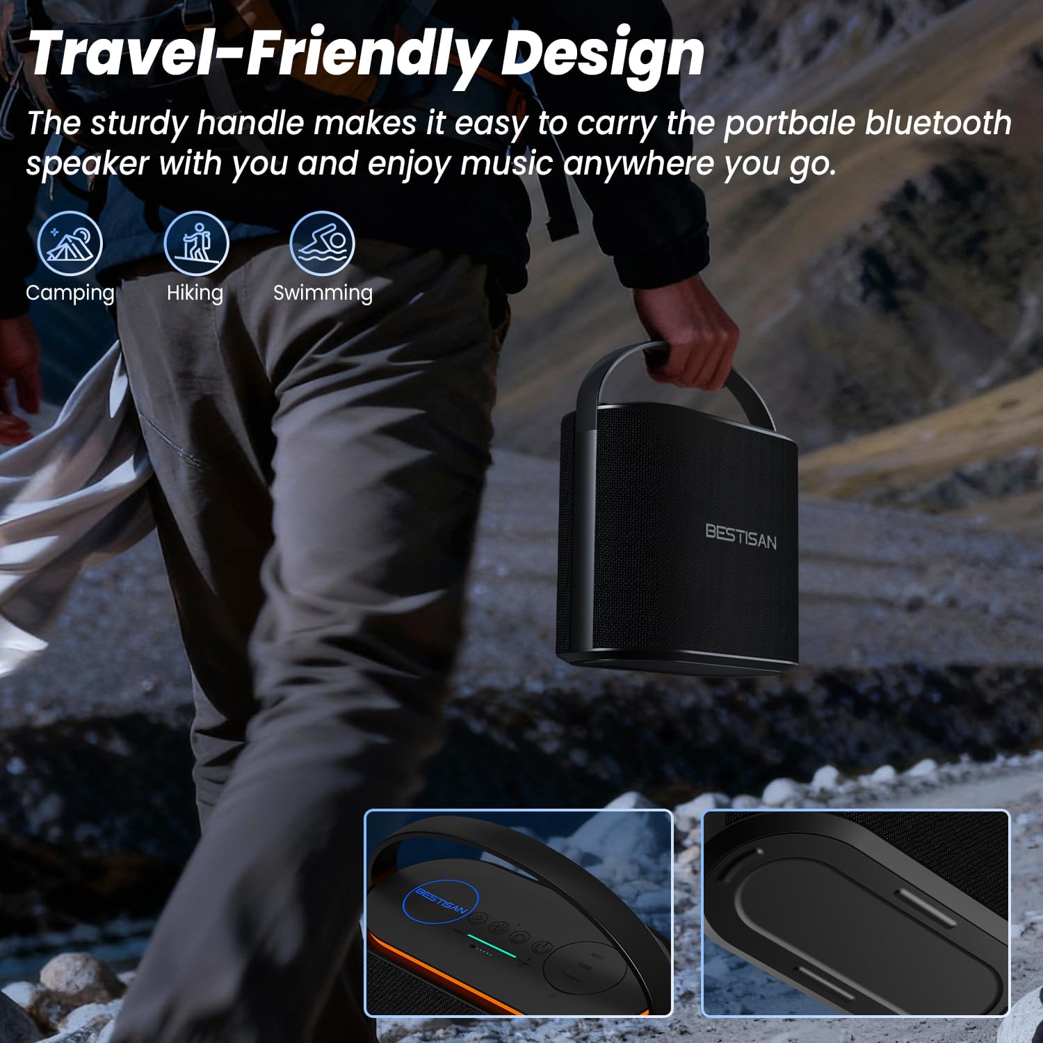 BESTISAN Altavoz Bluetooth de 2.1 canales, altavoz portátil de 90 W máximo, 6 modos de luces RGB, subwoofer de graves profundos de 50 W, TWS, AUX, reproducción de disco USB, llamada manos libres