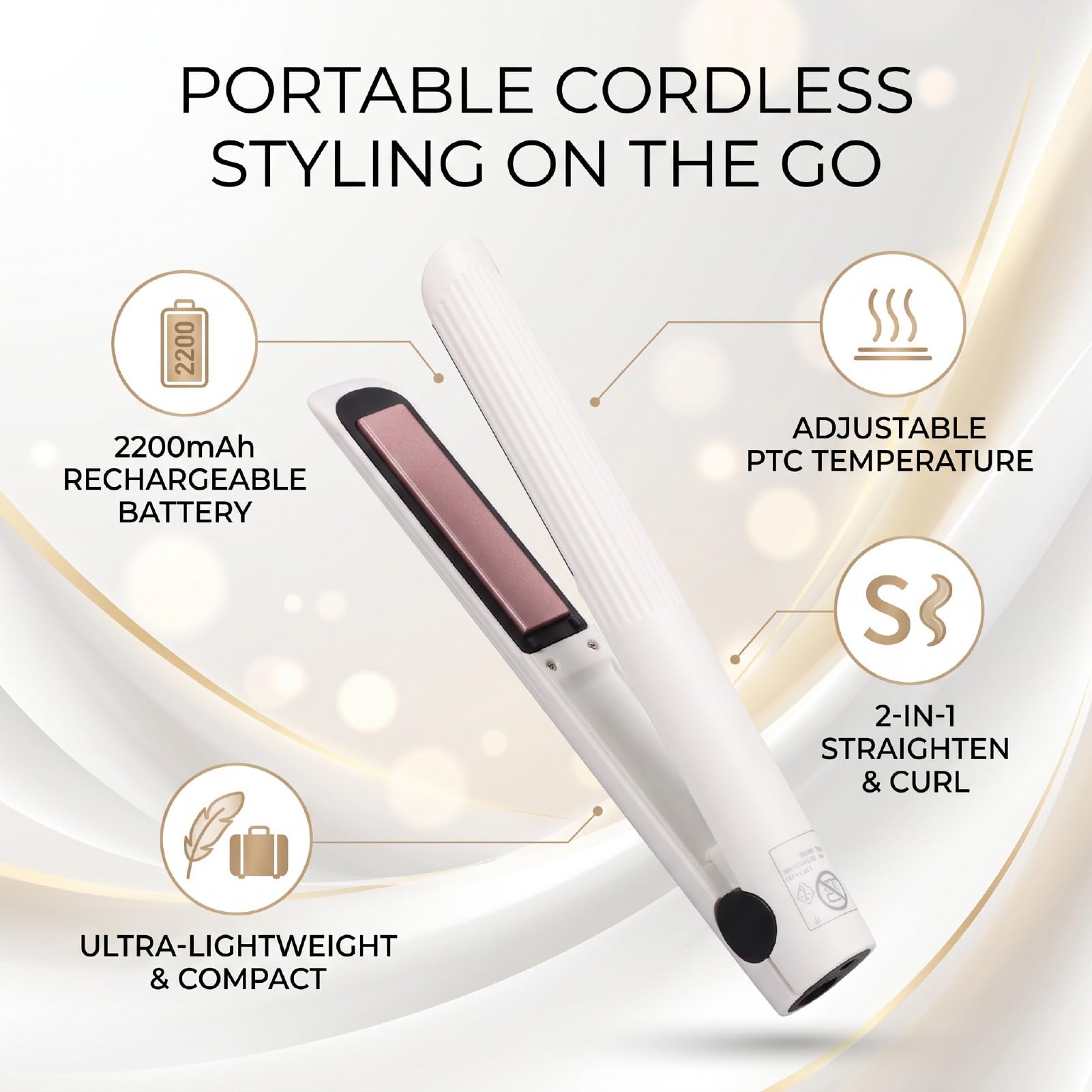 ZJchao Plancha de Pelo Inalámbrica, Mini Rizador Recargable por USB con 3 Temperaturas 160-200°C, para Viajes, Dormitorio y Salón (WHITE)