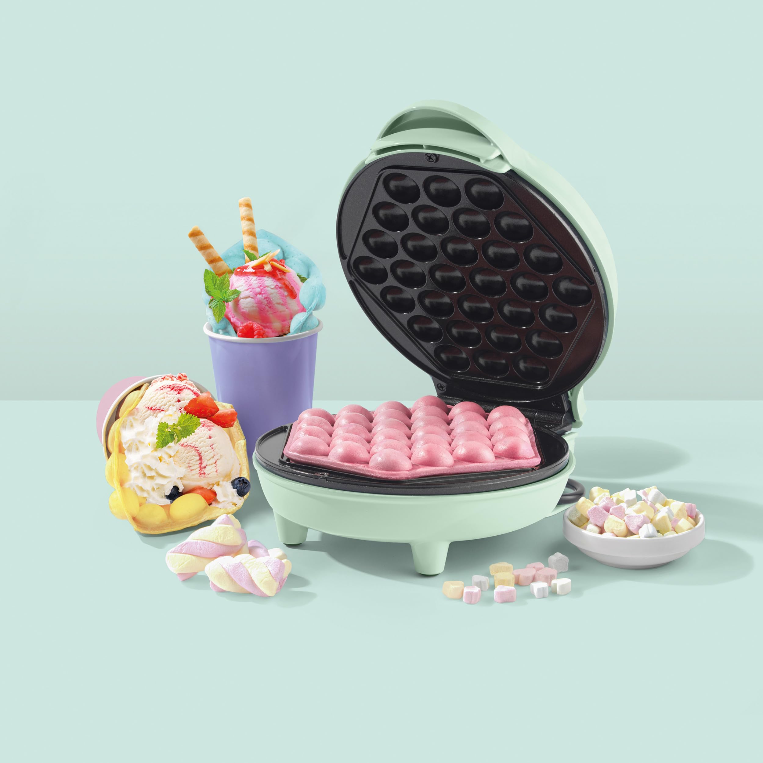 Giles & Posner Bubble Waffle Maker – Placa de cocción de 18 cm, revestimiento antiadherente sin PFAS, luces indicadoras de encendido/listo, dulce/salado, fácil de limpiar, 600W, Sorbet Blue