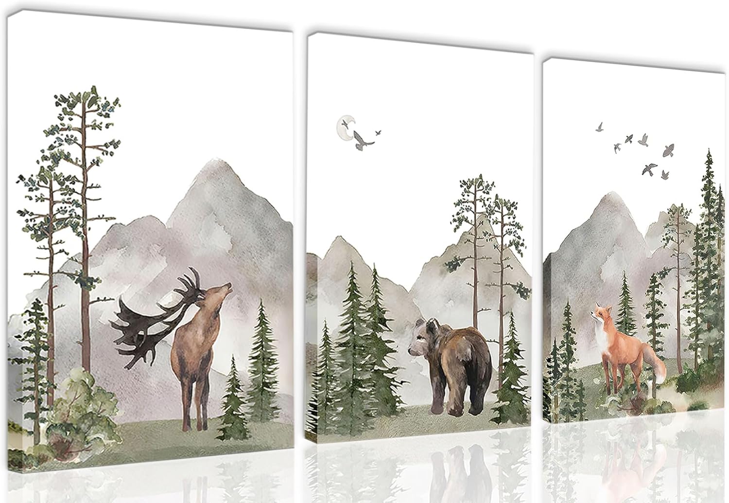 Yaneiro Woodland Nursery Canvas Wall Art Set of 3, Wild Animals Forest Adventure Theme Posters Prints, Deer Bear Fox Watercolor Paintings Wall Decor for Boys and Girls Room 16X24in Framed