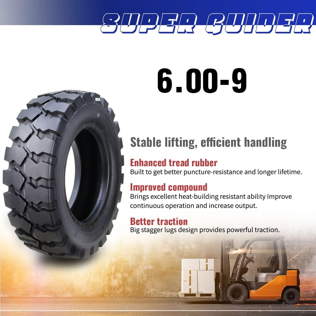 SUPERGUIDER HD 6.00-9 Forklift Tire 10PLY (1 Tire + Tube + Flap) w/Tube Flap 6.00x9-12027