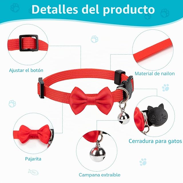 Foto 5 de 7 de Collar Gato Ajustable Collares para Gatos con Pajarita y Cascabel Collar para Mascotas con Hebilla Seguro…