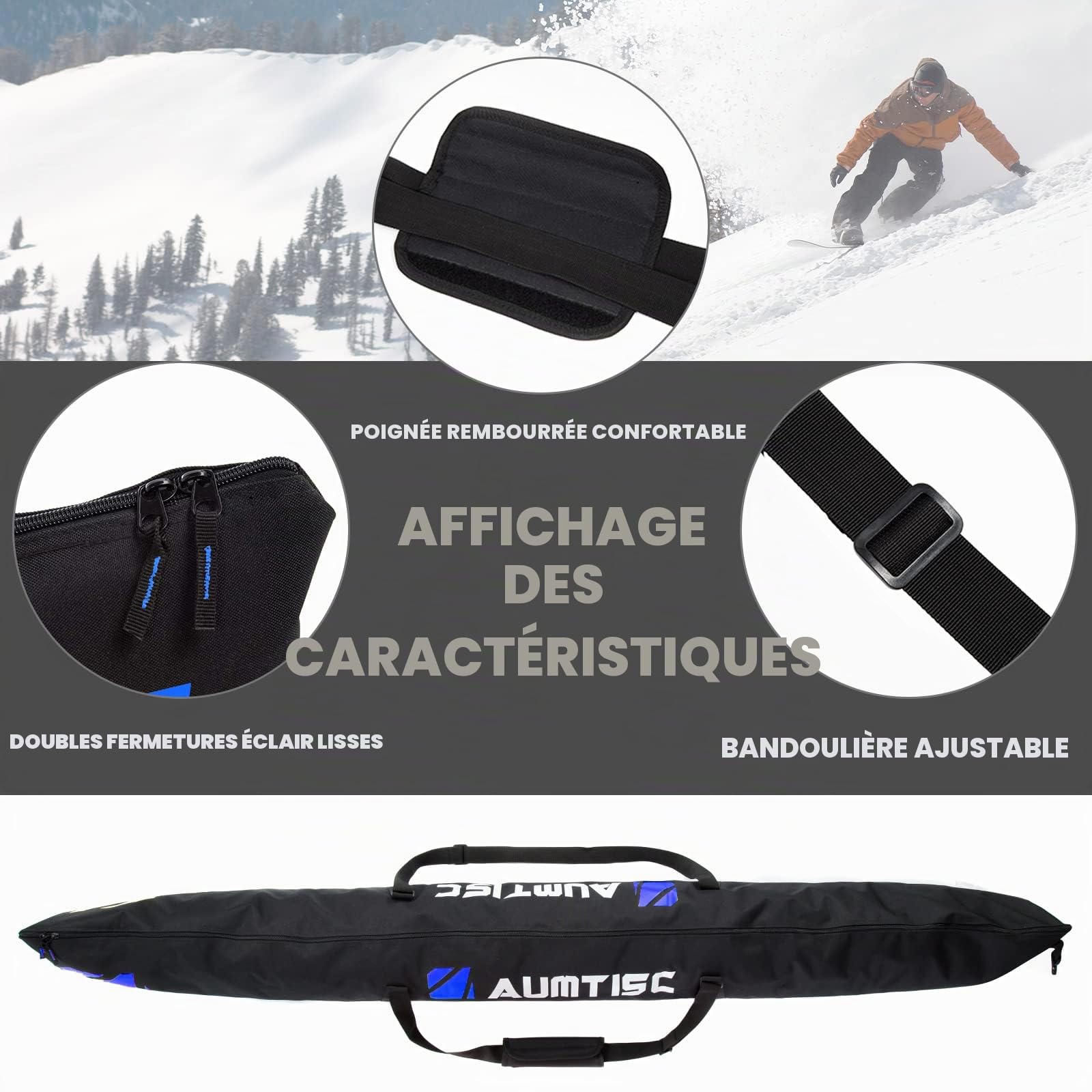 AUMTISC Housse Ski Rembourrée Sac Ski avec Longueur Réglable 200 cm pour Skis, Bottes et Casques