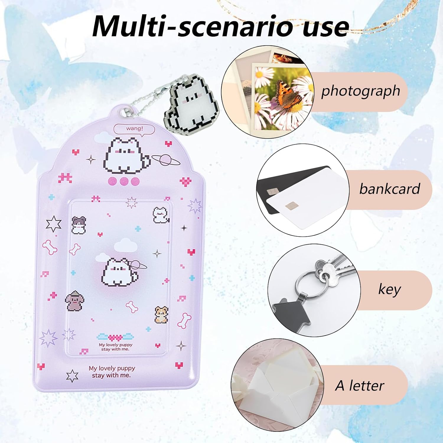 NICENEEDED 2PCS Photocard Holder with Cute Dog Keychain, PhotoCard Holder Charm Holders, Kawaii Photo Card Keychain ID Bus Card Holders