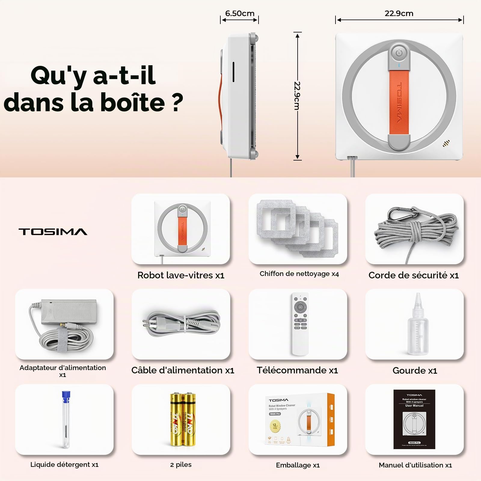 Tosima Robot Laveur de Vitre WA9C Pro, Nettoyeur Vitre Automatique avec 4 Buses de Pulvérisation, 6 Modes de Nettoyage avec Planification Intelligente, Aspiration Extra-Forte & Télécommande