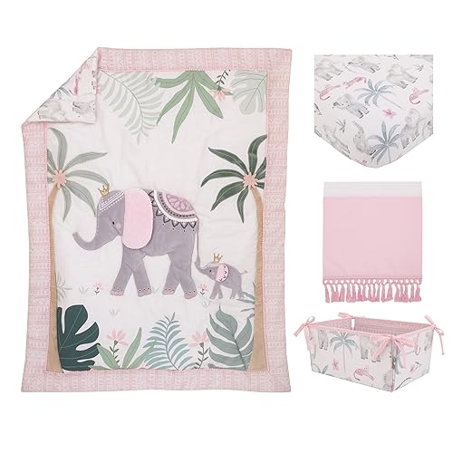 Miniatura 2 de NoJo Tropical Princess Elephant/Jungle Pink and Green - Juego de ropa de cama para cuna de 4 piezas, edredón, sábana bajera para cuna, volantes y