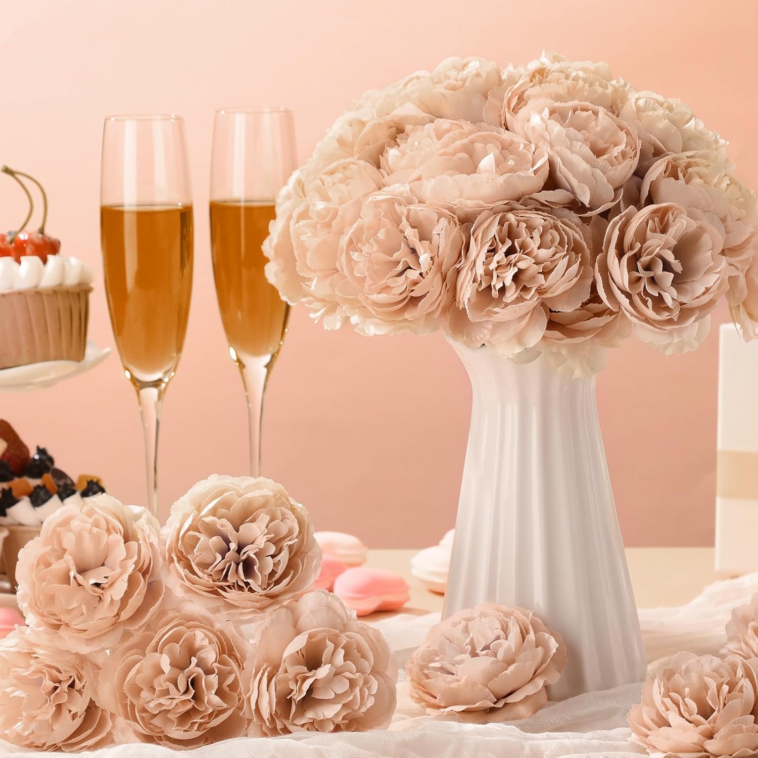 100 Pcs Flowers Long Stem Artificial Rose, 3.2 Inches Silk Rose Head Flowers Fake for Wedding Bridal Bouquet Independence Day Home Floral DIY Centerpieces Party Decoration(Nude)