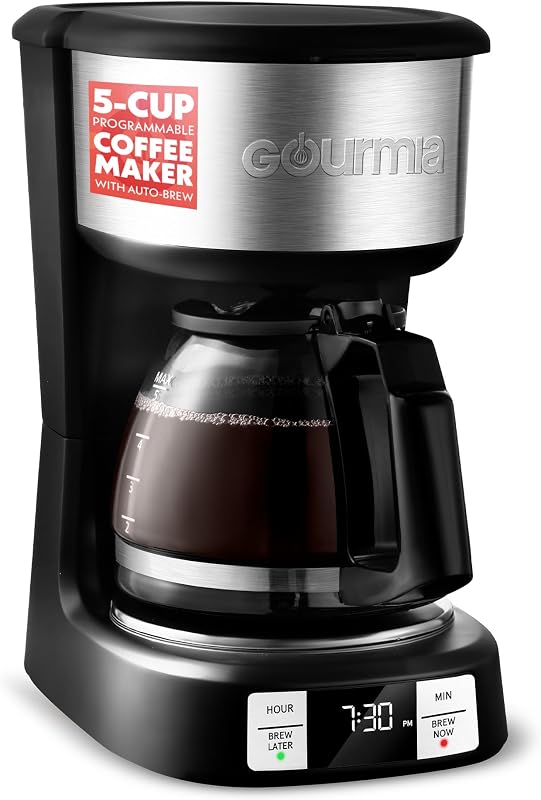 Cafetera de goteo Gourmia: 5 tazas, preparación con un solo toque, pausa y servicio, 4 horas ajustable para mantener caliente, ventana de agua EZ-View, negra