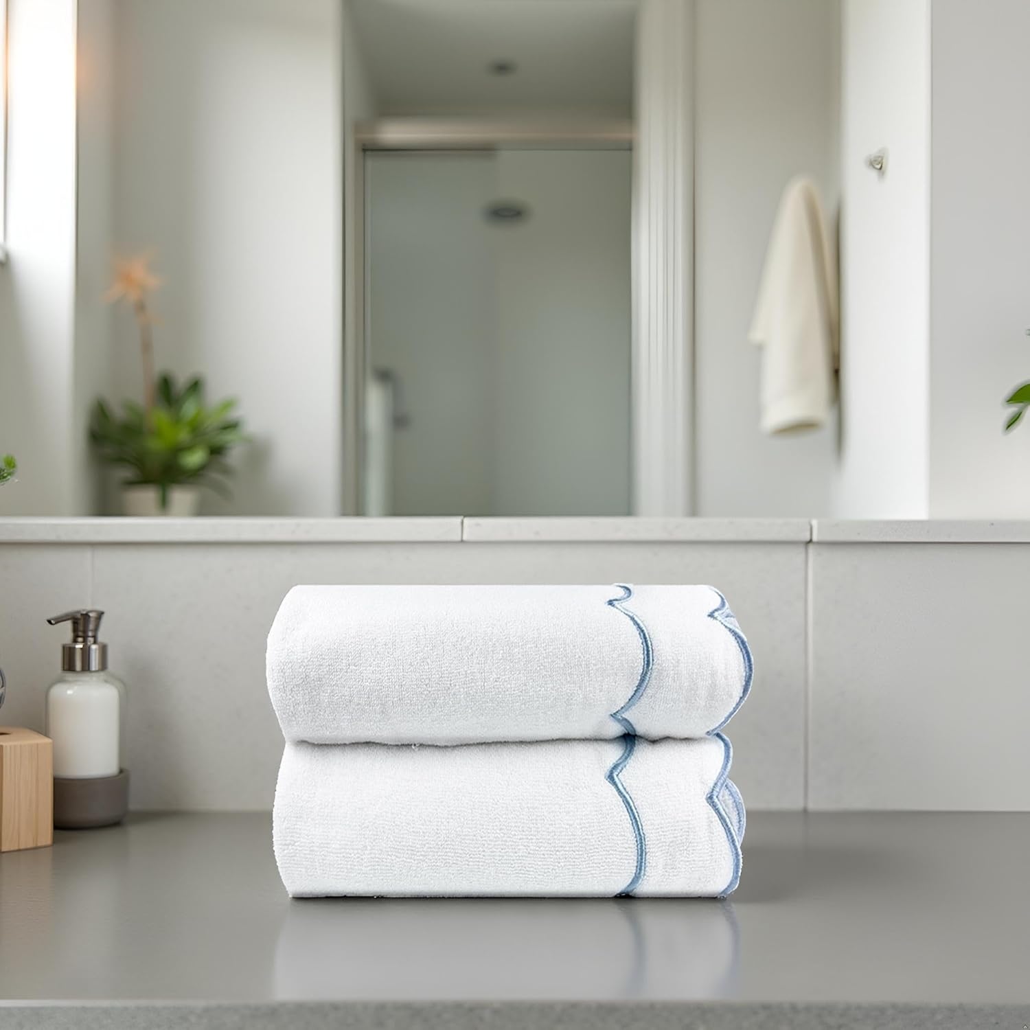 2 pcs Blue Scalloped Bath Towels Set Cute Embroidered Decorative Towels 100% Cotton Soft Towels Bathroom Decor(Blue, 2*Bath Towel) - Image 4