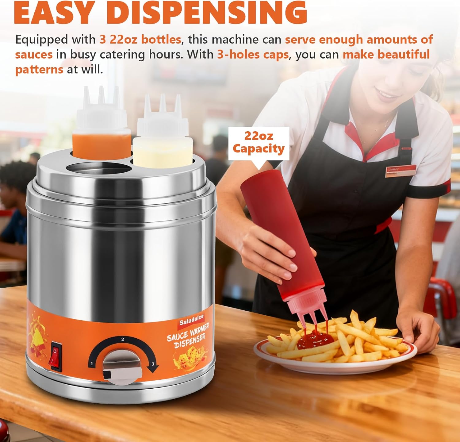 Electric Sauce Warmer Dispenser Commercial Cheese Sauce Bottles Warmer Hot Fudge Warmer Dispenser 3-Bottles Warmer for Cheese Sauce Hot Chocolate Fudge Caramel 86-185℉ 110V