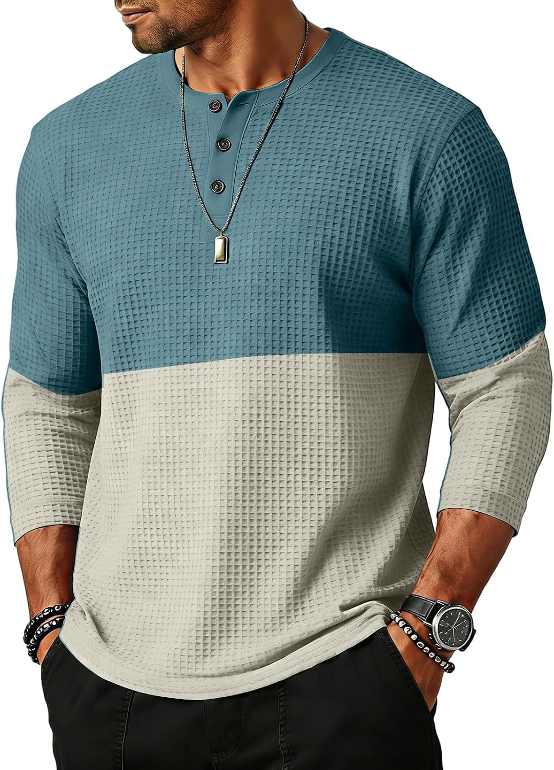 WENKOMG1 Men's Waffle Knit Henley Shirt 3/4 Sleeve Casual Jersey Baseball Tee Shirt, S-3XL