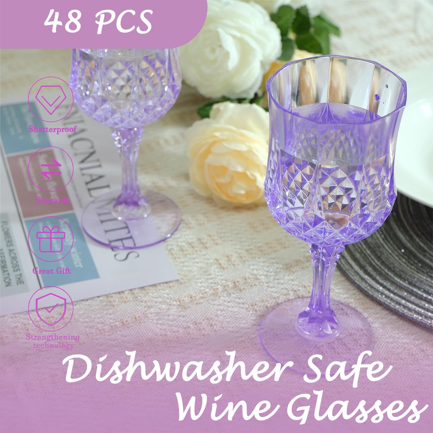 Plastic Wine Glasses, Plastic Goblets Vintage Style Cordial Drinking Glasses for Valentine’s Day, Wedding Reception, Grand Event Party Supplies (48, Purple) - Image 4
