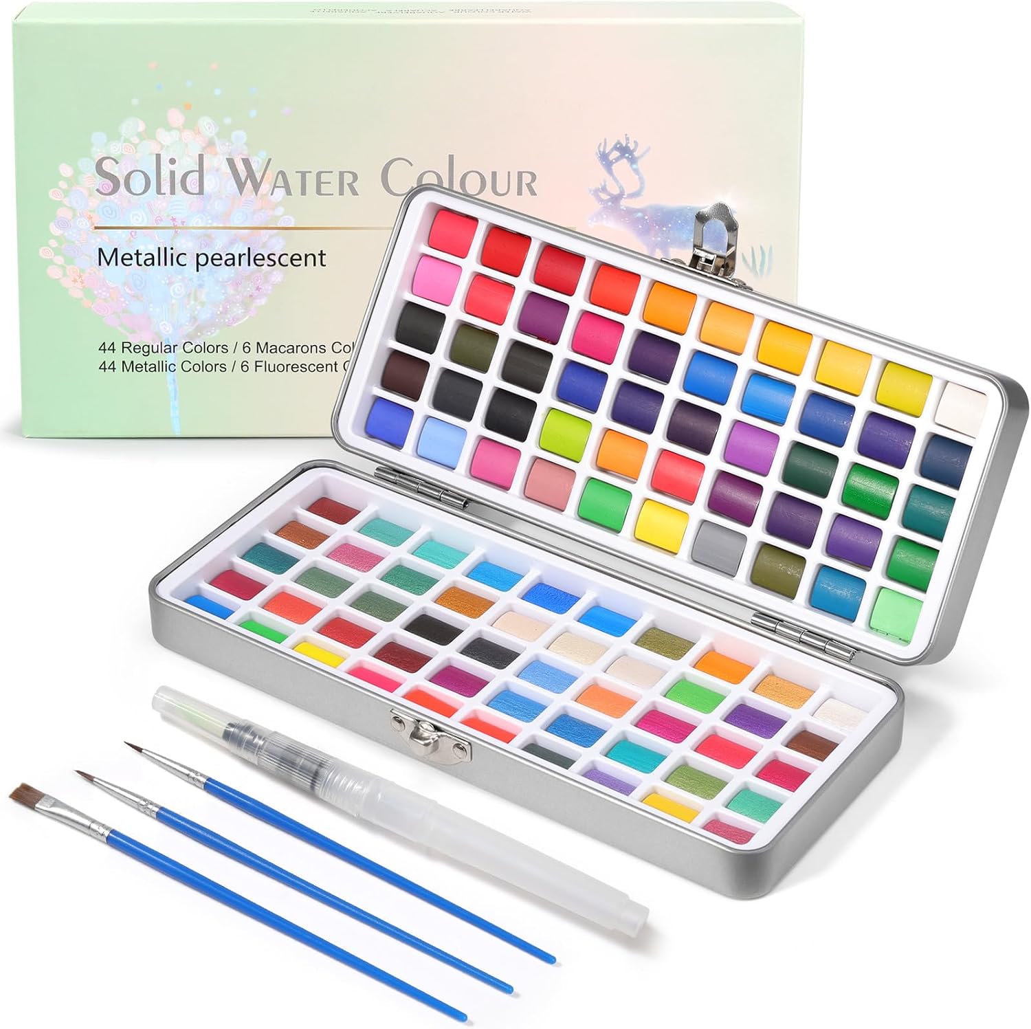 100 Colors Watercolor Paint Set, 50 Regular, 35 Pearlescent, 5 Macaron, 10 Fluorescent Portable Case with Water Brush Pens & Water Color Set for Beginners, Artists & Professionals