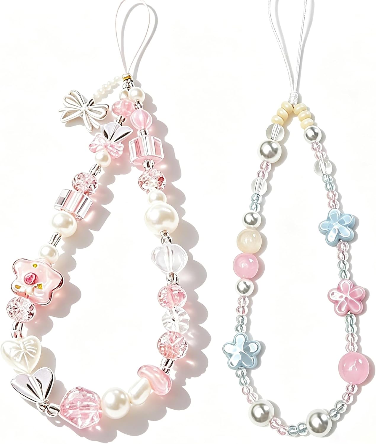 2 Pcs Phone Charm Strap Hand for iPhone Wrist Strap Camera Lanyard Pearl Beaded Cute Chain String Accessories Universal for iPhone 17 Pro Max 16 15 Samsung Women Girls Keychain Bow Flower Blue Flower