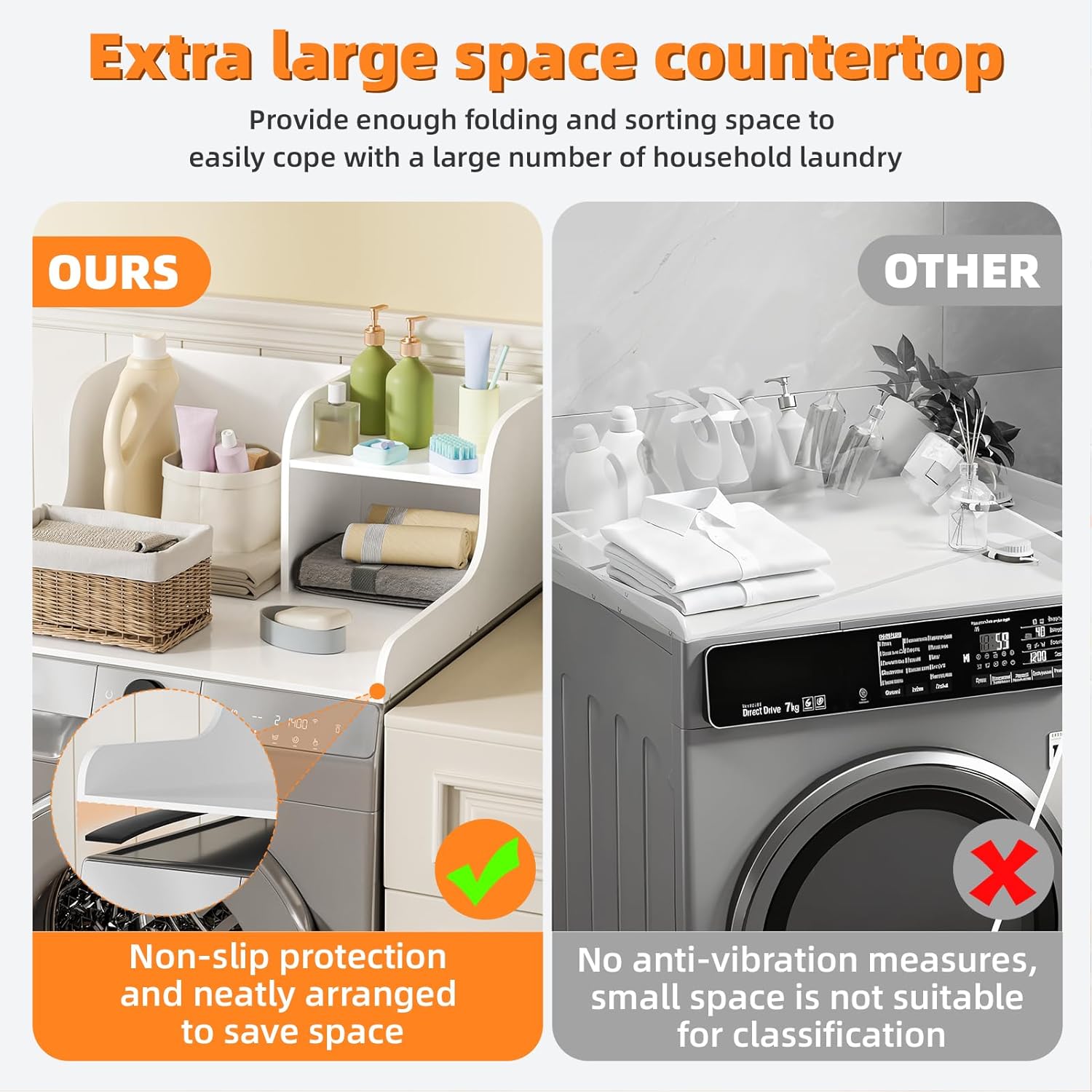 Washer Dryer Countertop with Shelf, Solid Wood Laundry Countertop with Anti-Slip Strips & Edge Rails, 27.5" Topper for Single Washer or Dryer, Home Laundry Room Organization