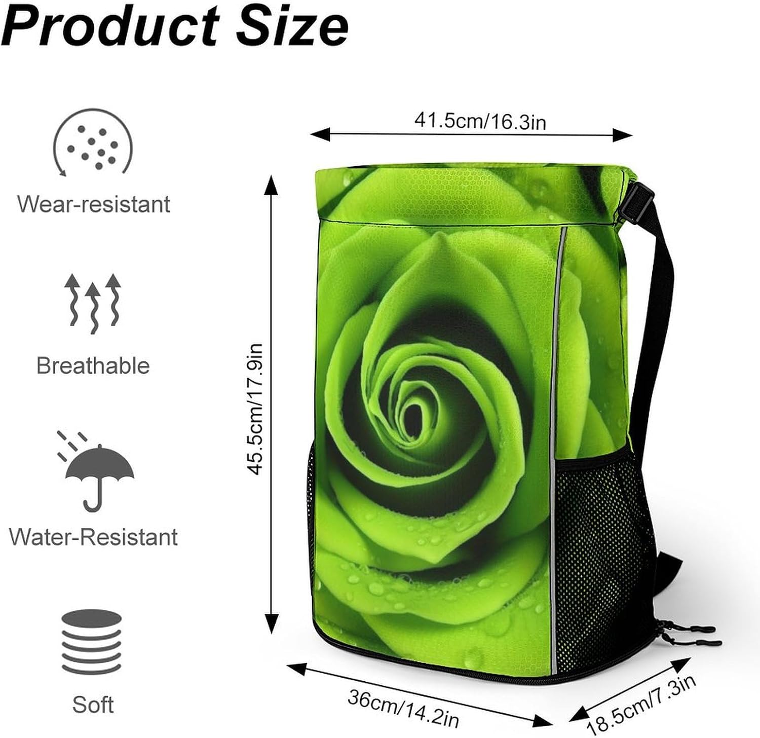 Green Rose Drawstring Backpack with Wet Pocket - Large Capacity Gym Bag with Shoe Compartment & Mesh Pockets, Adjustable Lightweight Gym Backpack for Swimming, Travel, Workout