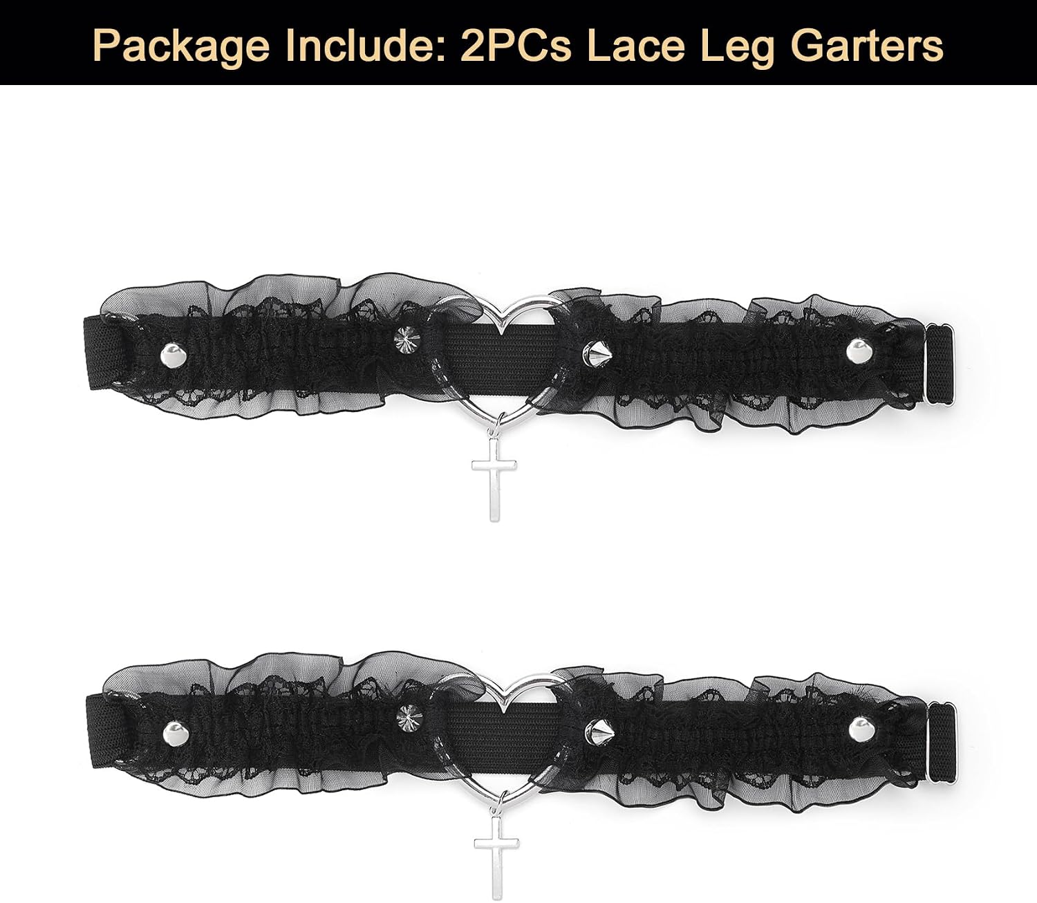 Lace Heart Leg Garter with Cross, Adjustable Rivet Thigh Garters Belt for Women Parties