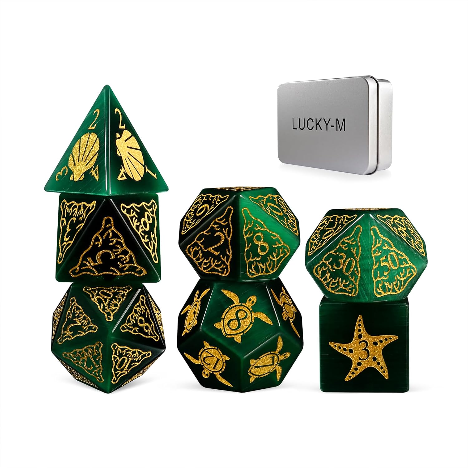 LUCKY-M Turtle Dice DND Set Green, 7PCS Cat Eye Stone D&D for Dungeons and Dragons, RPG D and D Dice for MTG Accessories DND Gift(PC-Green)
