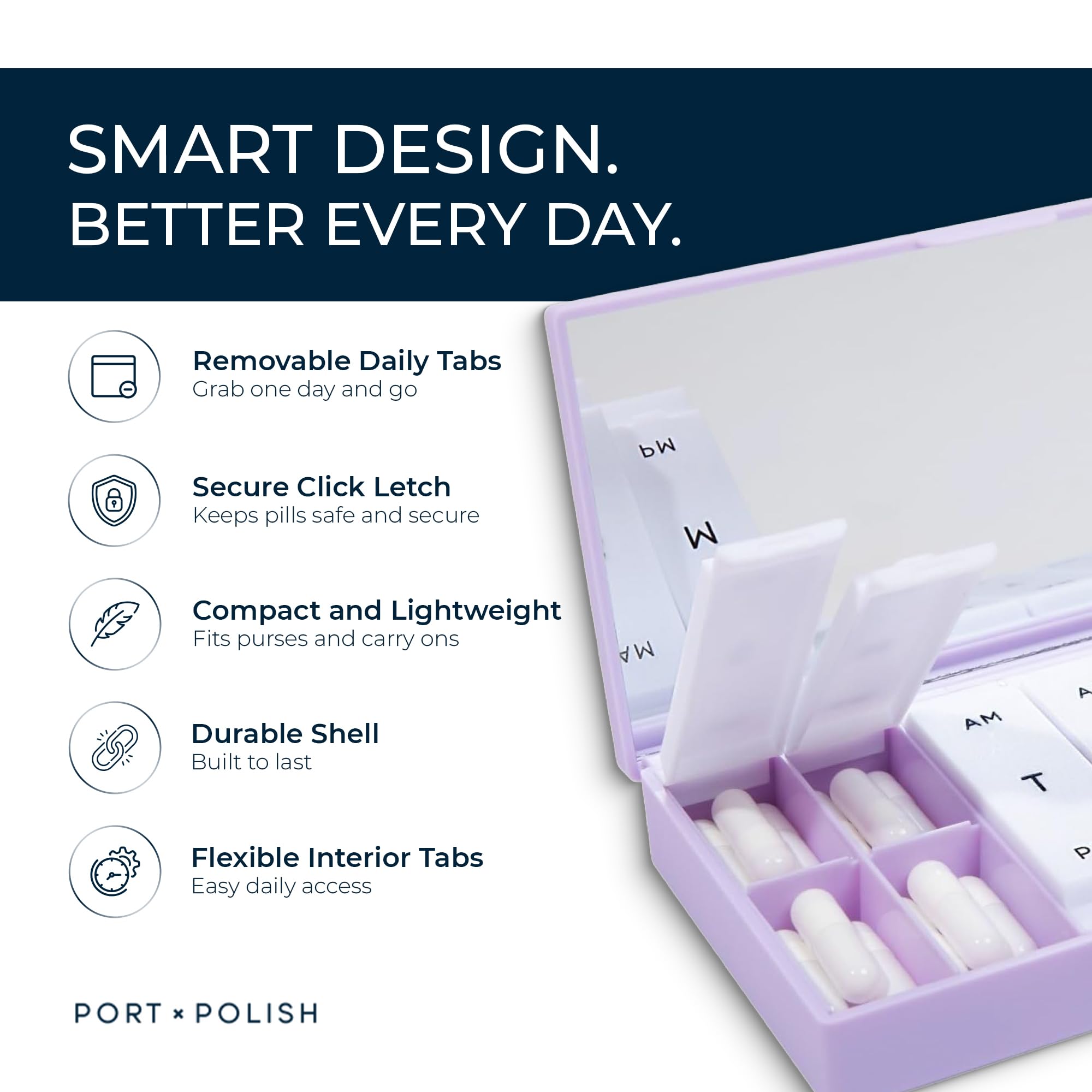 PORT X POLISH Designerski tygodniowy organizer na tabletki (AM/PM 2x Daily, liliowy) | kompaktowy, stylowy 7-dniowy futerał na suplementy witaminowe, uroczy przenośny mini podróżny pojemnik na leki,