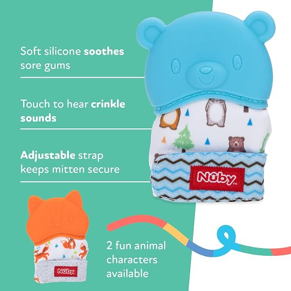 Nuby Happy Hands Silicone Teething Mitten - Baby Teething Toy - 3+ Months - Bear
